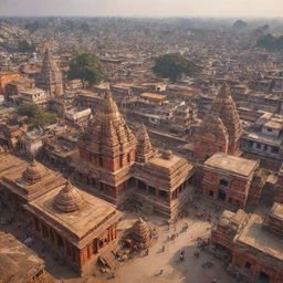 A vibrant panorama illustrating the historical city of Ayodhya, replete with ancient temples, a thriving market, and bustling streets.