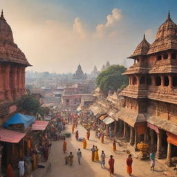 A vibrant panorama illustrating the historical city of Ayodhya, replete with ancient temples, a thriving market, and bustling streets.