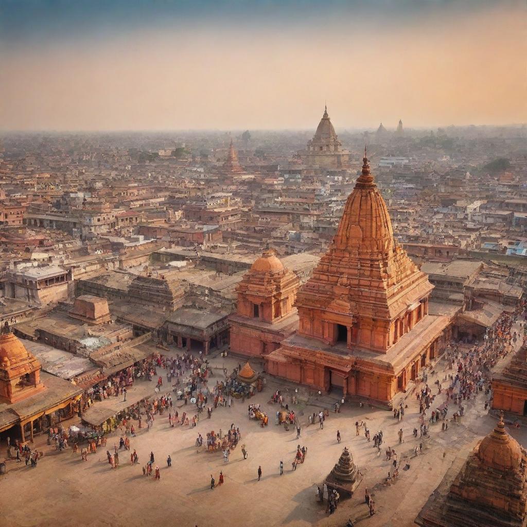 A vibrant panorama illustrating the historical city of Ayodhya, replete with ancient temples, a thriving market, and bustling streets.