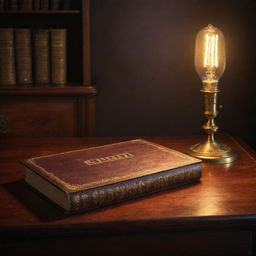 A vintage hardcover book with golden embossed letters on a mahogany desk, illuminated by soft, ambient light from a desk lamp.