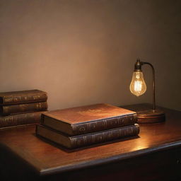 A vintage hardcover book with golden embossed letters on a mahogany desk, illuminated by soft, ambient light from a desk lamp.