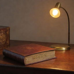 A vintage hardcover book with golden embossed letters on a mahogany desk, illuminated by soft, ambient light from a desk lamp.