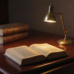 A vintage hardcover book with golden embossed letters on a mahogany desk, illuminated by soft, ambient light from a desk lamp.