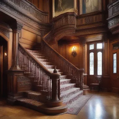 The grand staircase in the Victorian mansion featured opulent woodwork and detailed carvings, creating an atmosphere of pseudocyesis where guests felt like they were stepping into another era.