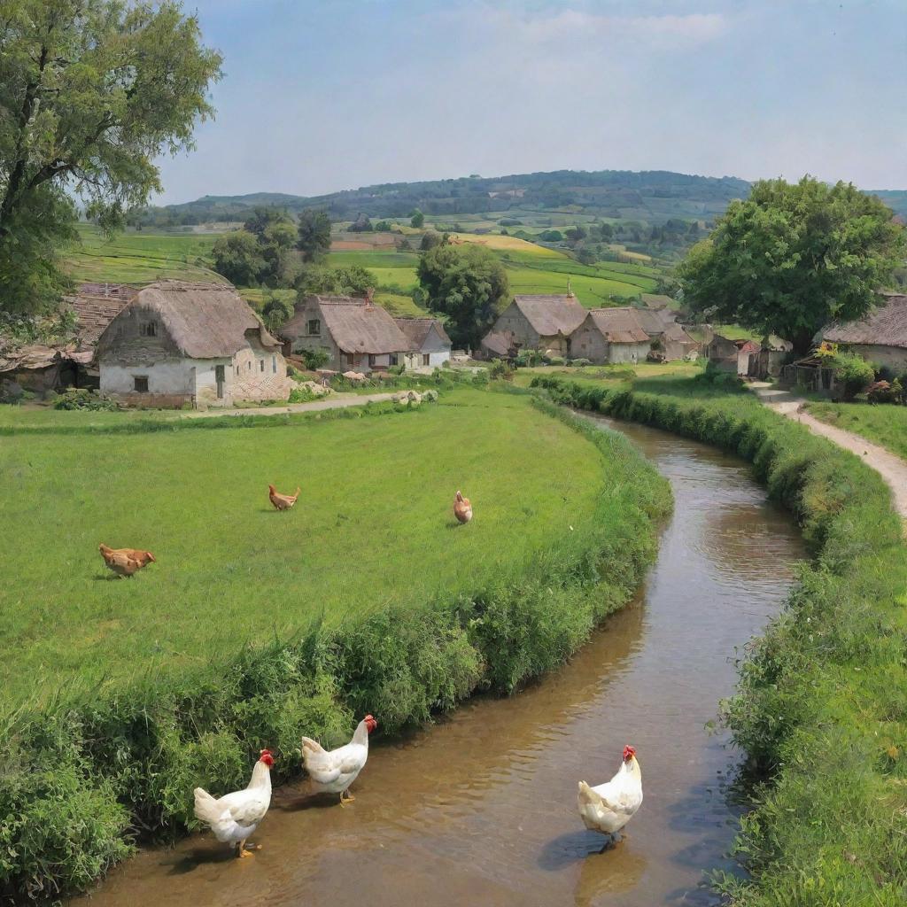 A serene and quaint village surrounded by lush green fields, farmhouses, and rustic windmills. Chickens and villagers roam freely, with children playing near a burbling brook.