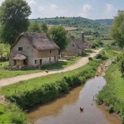 A serene and quaint village surrounded by lush green fields, farmhouses, and rustic windmills. Chickens and villagers roam freely, with children playing near a burbling brook.