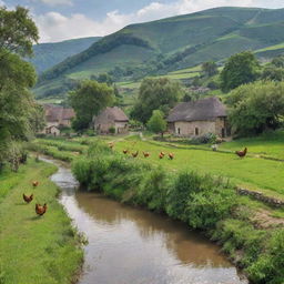 A serene and quaint village surrounded by lush green fields, farmhouses, and rustic windmills. Chickens and villagers roam freely, with children playing near a burbling brook.