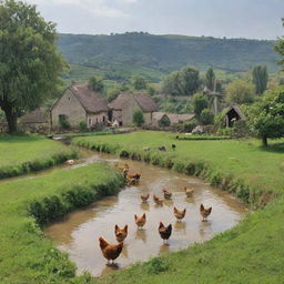 A serene and quaint village surrounded by lush green fields, farmhouses, and rustic windmills. Chickens and villagers roam freely, with children playing near a burbling brook.