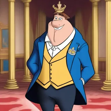 In the cartoon, the character was raimented in a fancy suit for the royal ball.
