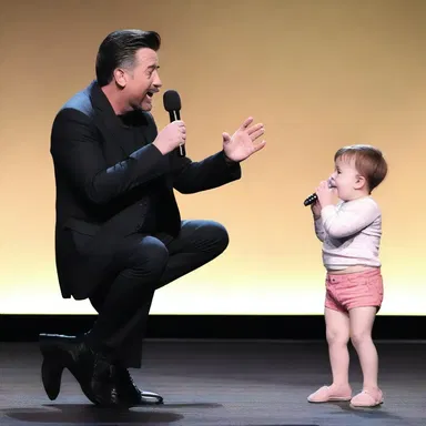 The comedian imitated a small child talking baby-like, making the audience burst into laughter.