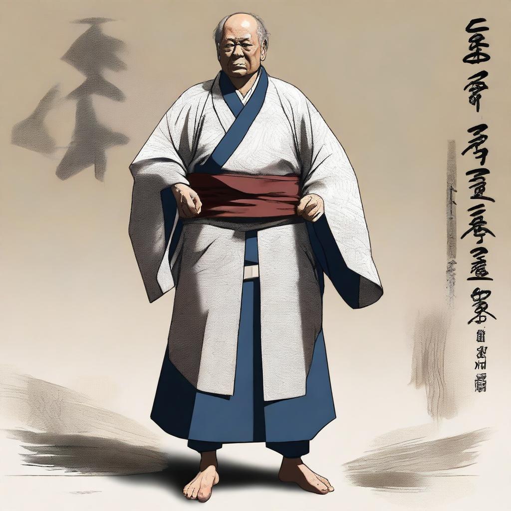 A digital art depicting a middle-aged man in full body, donning a keikogi