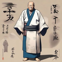 A digital art depicting a middle-aged man in full body, donning a keikogi