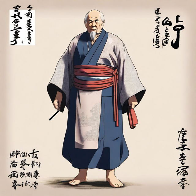 A digital art depicting a middle-aged man in full body, donning a keikogi