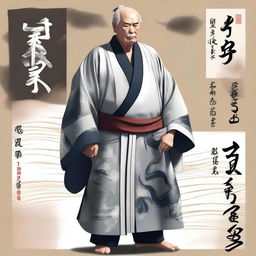 A digital art depicting a middle-aged man in full body, donning a keikogi