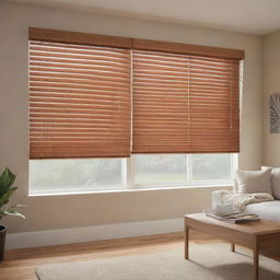 Detailed and polished image of faux wood blinds in a well-lit, stylishly decorated room.