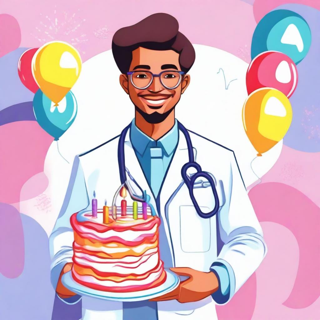 A digital art illustration in vivid colors, depicting a young, cheerful doctor in a white coat, holding a stethoscope