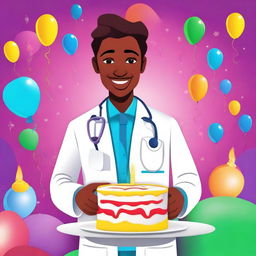 A digital art illustration in vivid colors, depicting a young, cheerful doctor in a white coat, holding a stethoscope