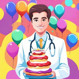 A digital art illustration in vivid colors, depicting a young, cheerful doctor in a white coat, holding a stethoscope