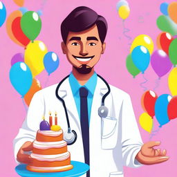 A digital art illustration in vivid colors, depicting a young, cheerful doctor in a white coat, holding a stethoscope