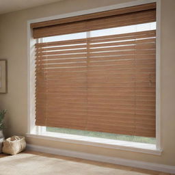 Detailed and polished image of faux wood blinds in a well-lit, stylishly decorated room.