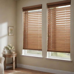 Detailed and polished image of faux wood blinds in a well-lit, stylishly decorated room.