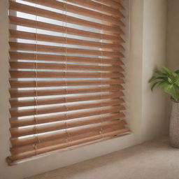 Detailed and polished image of faux wood blinds in a well-lit, stylishly decorated room.