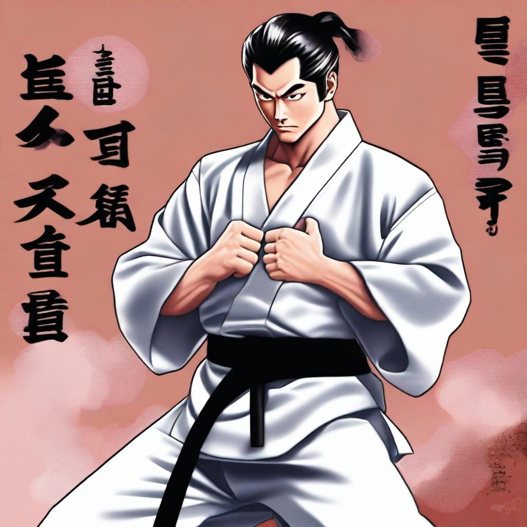 A high-quality digital art image of a man in a full body pose, wearing a keikogi suit