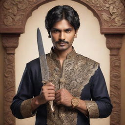 An Indian male character in traditional attire confidently holding a ornate knife with cultural design