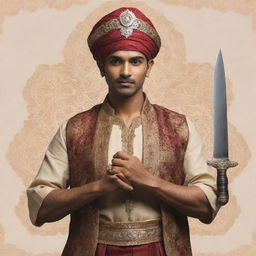 An Indian male character in traditional attire confidently holding a ornate knife with cultural design