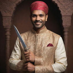 An Indian male character in traditional attire confidently holding a ornate knife with cultural design