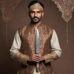 An Indian male character in traditional attire confidently holding a ornate knife with cultural design