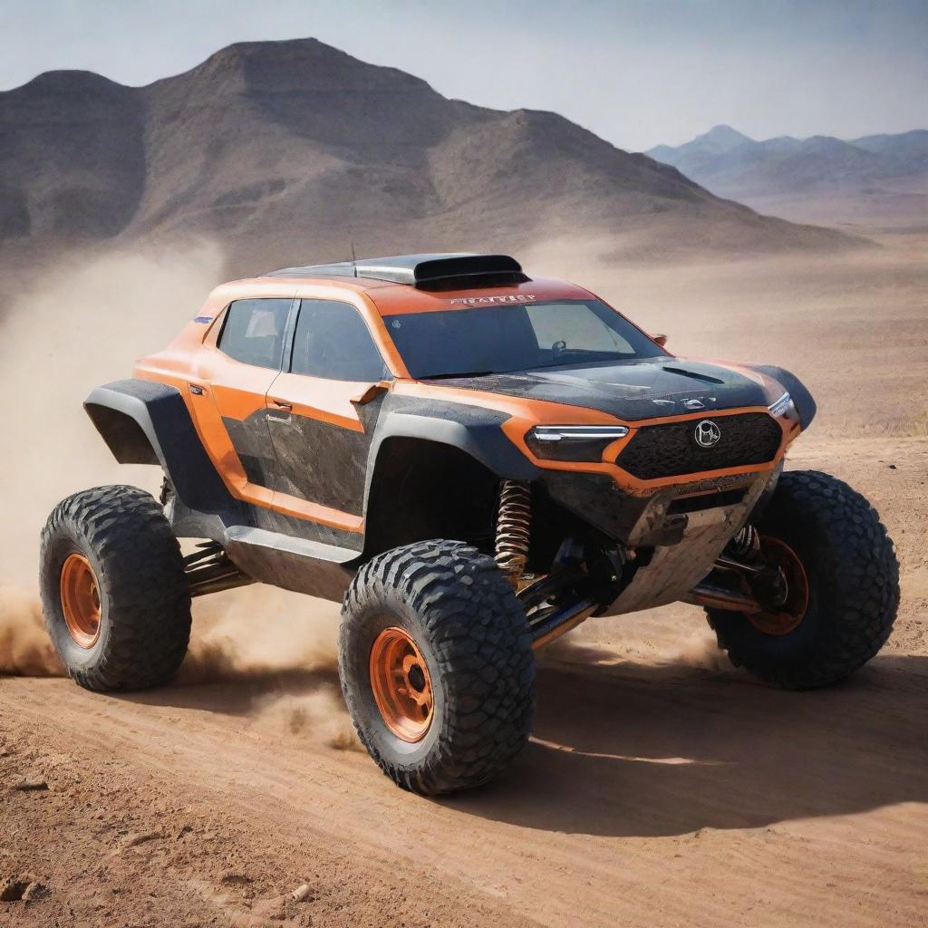 An image of a 2100s rally car, featuring futuristic design and technology, adapted to conquer complicated terrains at high speeds on a future off-road track.