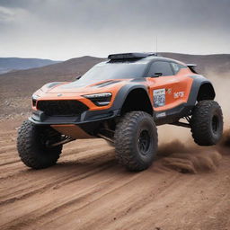 An image of a 2100s rally car, featuring futuristic design and technology, adapted to conquer complicated terrains at high speeds on a future off-road track.