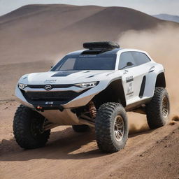 An image of a 2100s rally car, featuring futuristic design and technology, adapted to conquer complicated terrains at high speeds on a future off-road track.