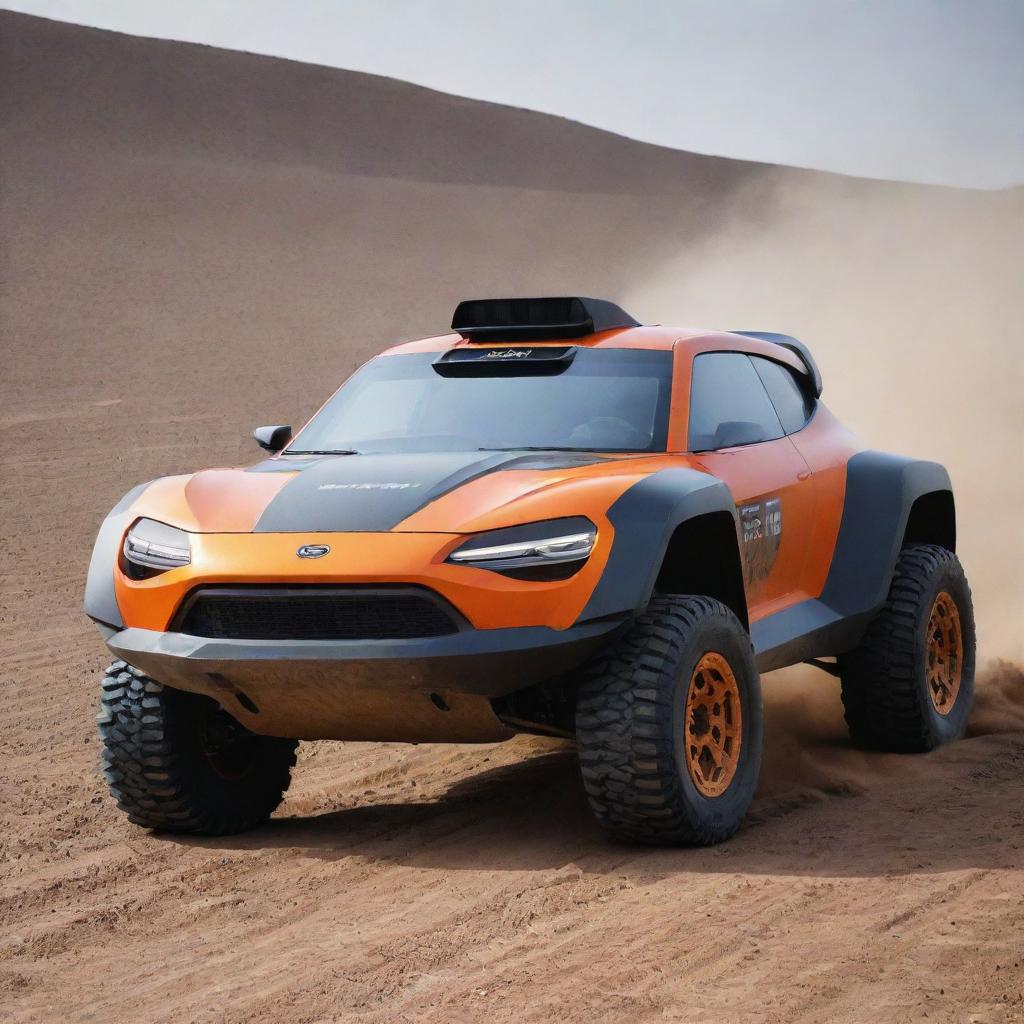 An image of a 2100s rally car, featuring futuristic design and technology, adapted to conquer complicated terrains at high speeds on a future off-road track.