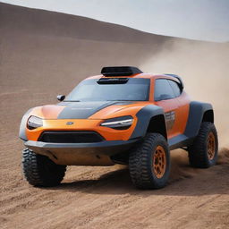 An image of a 2100s rally car, featuring futuristic design and technology, adapted to conquer complicated terrains at high speeds on a future off-road track.