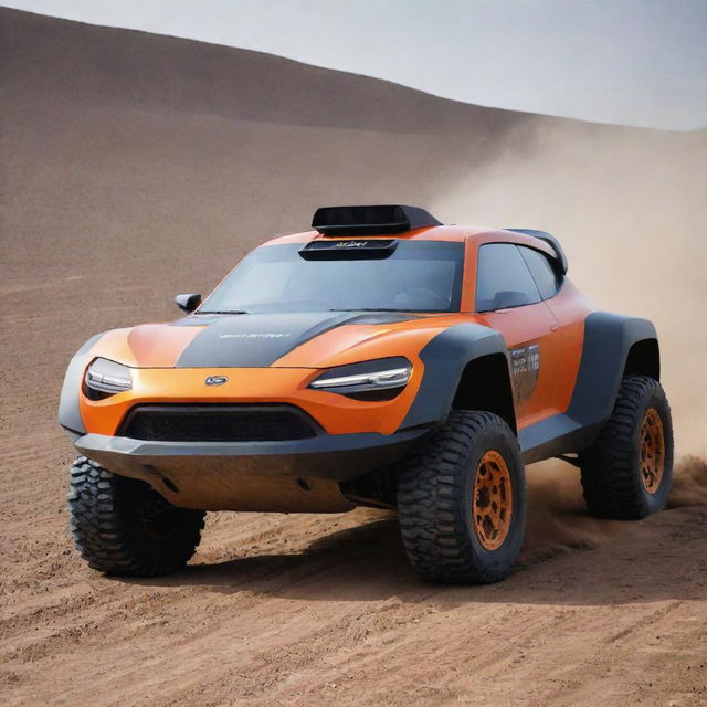 An image of a 2100s rally car, featuring futuristic design and technology, adapted to conquer complicated terrains at high speeds on a future off-road track.