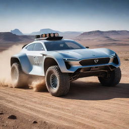 A compelling image of a 2050s rally car, showcasing its futuristic design, advanced propulsion systems, and adapted features for tough terrain driving on a technologically advanced course.