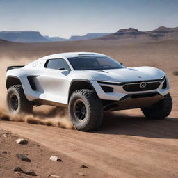 A compelling image of a 2050s rally car, showcasing its futuristic design, advanced propulsion systems, and adapted features for tough terrain driving on a technologically advanced course.