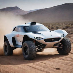 A compelling image of a 2050s rally car, showcasing its futuristic design, advanced propulsion systems, and adapted features for tough terrain driving on a technologically advanced course.