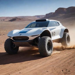 A compelling image of a 2050s rally car, showcasing its futuristic design, advanced propulsion systems, and adapted features for tough terrain driving on a technologically advanced course.