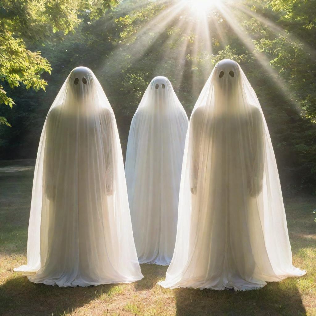 Spectral and ethereal ghosts peering at the viewer on a sunny summer day, their transparent form shimmering under the vibrant rays of sunshine.