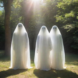 Spectral and ethereal ghosts peering at the viewer on a sunny summer day, their transparent form shimmering under the vibrant rays of sunshine.