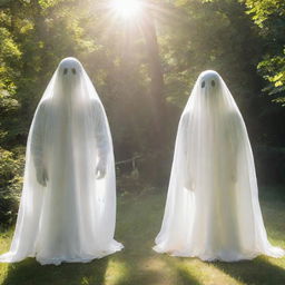 Spectral and ethereal ghosts peering at the viewer on a sunny summer day, their transparent form shimmering under the vibrant rays of sunshine.