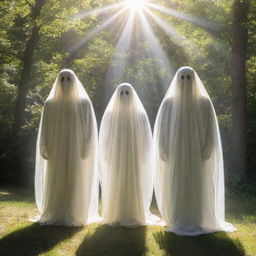 Spectral and ethereal ghosts peering at the viewer on a sunny summer day, their transparent form shimmering under the vibrant rays of sunshine.