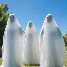 Ethereal, transparent ghosts curiously gazing directly at the viewer, set against the backdrop of a vibrant summer day with clear blue skies and radiant sunshine.