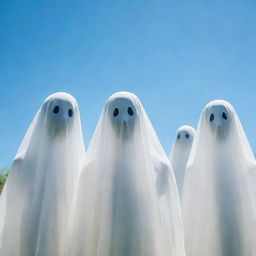 Ethereal, transparent ghosts curiously gazing directly at the viewer, set against the backdrop of a vibrant summer day with clear blue skies and radiant sunshine.