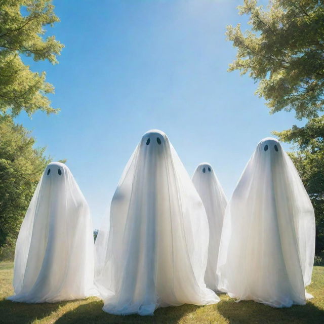 Ethereal, transparent ghosts curiously gazing directly at the viewer, set against the backdrop of a vibrant summer day with clear blue skies and radiant sunshine.