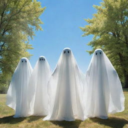 Ethereal, transparent ghosts curiously gazing directly at the viewer, set against the backdrop of a vibrant summer day with clear blue skies and radiant sunshine.