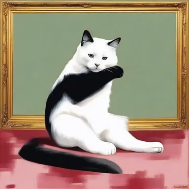 The artist captured the serene pandiculation of a cat stretching in his painting.